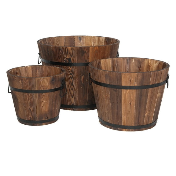YANGXUN Outdoor Wooden Planter Pots Set of 3 Carbonized Chinese Fir Wood Barrel Planters with Drainage Holes 12mm Thick Wall Round Rustic Plant Pots for Patio Garden Yard Brown