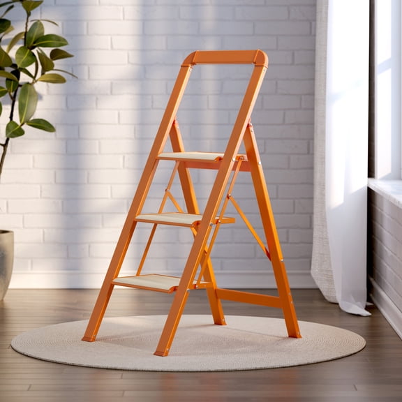 YANGXUN Portable Orange Step Stool 3 Step Folding Aluminum Ladder Heavy Duty Portable Climbing Stand for Kitchen Office