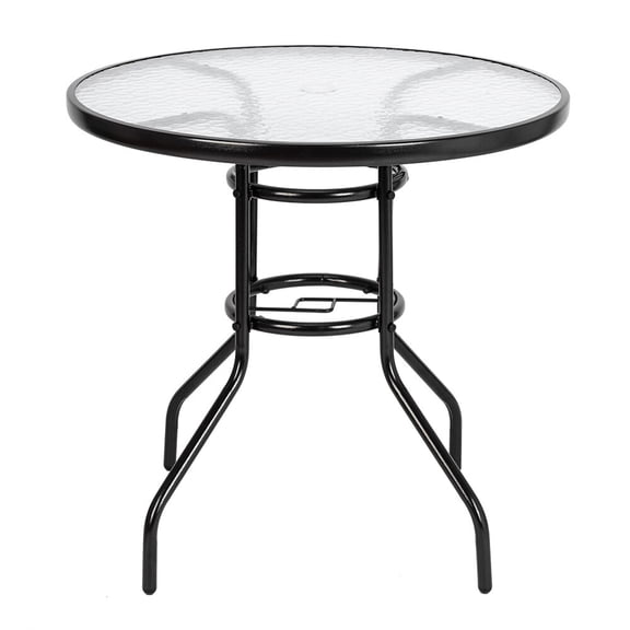 YANGXUN Round Outdoor Dining Table, Dark Chocolate Ripple Toughened Glass Top with Steel Frame, 8070cm Patio Garden Side Table