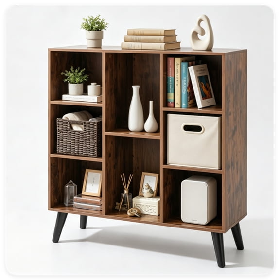 YANGXUN Rustic Brown 8 Cube Open Bookshelf Mid Century Modern Freestanding Bookcase Storage Organizer Display Cabinet with Anti Tipping Kit for Home Office