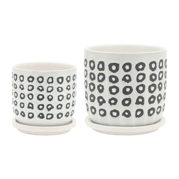 YANGXUN Set of 2 Aztec Ceramic Planter Pots with Saucers 5 Inch and 6 Inch Round Succulent Flower Containers with Drainage Holes for Indoor House Plants Black