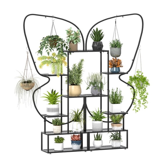 YANGXUN Set of 2 Black 6 Tier Butterfly Shape Metal Plant Stands with Hanging Hooks & Adjustable Foot Pads Mesh Display Rack for Indoor Balcony Patio Plants Decor
