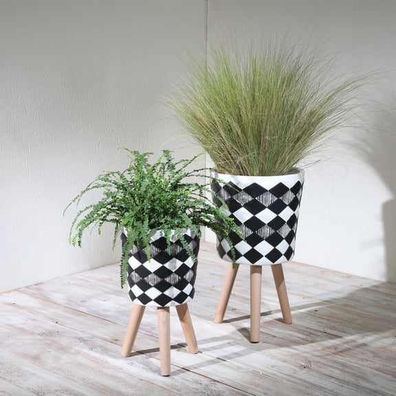 YANGXUN Set of 2 Diamond Pattern Magnesia Planter Pots with Wooden Legs 10 Inch and 12 Inch Large Succulent Flower Containers with Drainage Holes Black