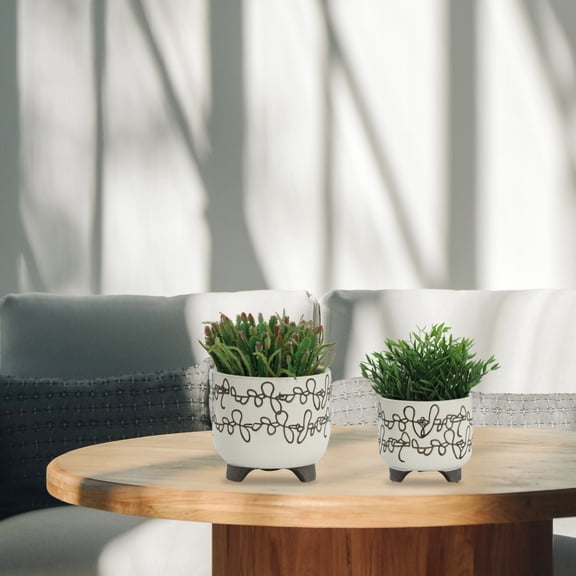YANGXUN Set of 2 Scribble Footed Ceramic Planter Pots 6 Inch and 8 Inch Round Succulent Flower Containers No Drainage Hole for Indoor House Plants Beige