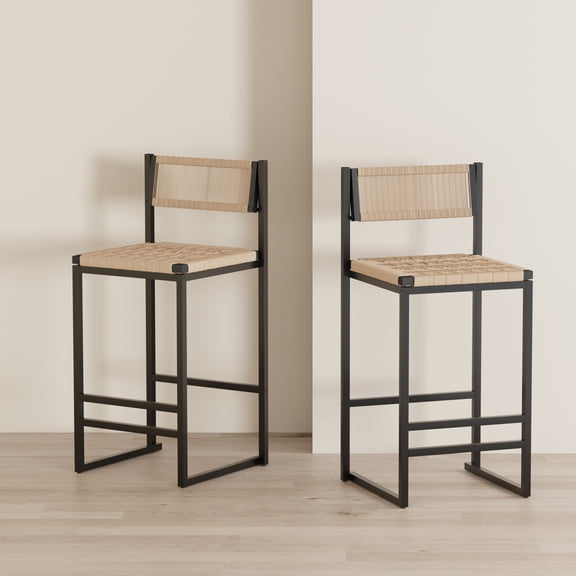 YANGXUN Set of 2 Style B Black & Honey Hand-Woven Paper Rope Counter Height Bar Stools Farmhouse Kitchen Island Bar Chairs with Footrest & Sturdy Metal Frame