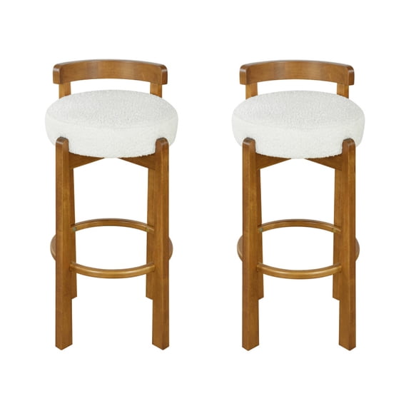 YANGXUN Set of 2 Rubberwood Low Back Bar Stools Walnut Frame with White Foam Padded Round Fabric Seats for Kitchen Island Home Bar Dining Room