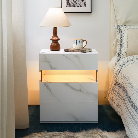 YANGXUN Stone White LED Nightstand Smart Ambient Lighting Bedside Table Modern Minimalist MDF Storage Cabinet for Studio