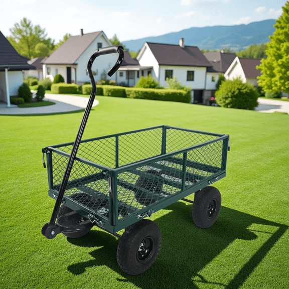 YANGXUN All Terrain Rolling Garden Cart Forest Green Steel Mesh Utility Wagon with Inflatable Wheels 660lbs Load Capacity Heavy Duty Metal Transport Truck