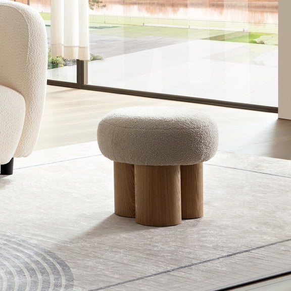 YANGXUN W8017 1 Mushroom Accent Stool Grieg Plush Cushion Ottoman with Walnut Finish Wooden Barrel PVC Pipe Base Multi Purpose Foot Rest Shoe Stool for Entryway Living Room
