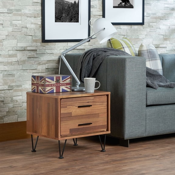 YANGXUN Walnut Finish Rectangular Accent Nightstand Table Composite Wood Side Table with 2 Metal Glide Drawers Chrome V-Shaped Metal Legs for Bedroom Living Room