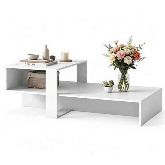 YANGXUN White 2-Tier Modern Geometric Engineered Wood Coffee Table with Cross Base & Storage Shelf Waterproof Surface Low Profile Center Accent Table for Living Room Tea Game Work
