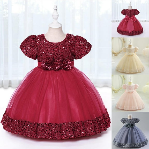 YANHAIGONG 0 Months-6 Years Toddler Girl Dresses for Summer,Flower Girl Dress Pink Belted Wedding Party Bridesmaid,Toddler Girls Short Sleeve Lace Bow Mesh Dress Princess Dress