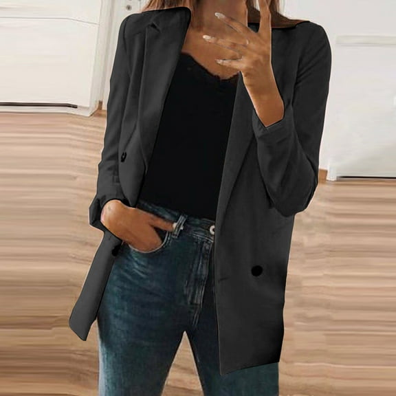 YANHAIGONG 2024 New Fall Winter Fashion Fall Solid Blazer for Women Double Breasted Open Front Work Jacket Casual Suit Womens Blazers Womens Jackets and Coats Clearance