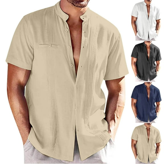 YANHAIGONG 2025 Summer Linen Shirts Men Button Up,Short Sleeve Folded Regular-Fit Shirt Fishing Tees Linen Casual Beach Shirts with Double Pocket