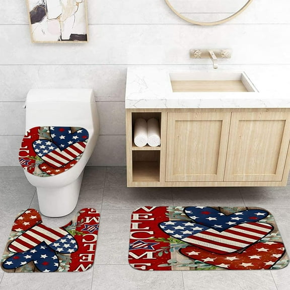 YANHAIGONG 4th Of July Decorations for The Home,Flag Shower Curtain Set 4 Piece, Independence Day Patriotic Theme Shower Curtain Sets with Rugs, 4th Of July Toilet Lid Cover and Non Slip U Shape Mat