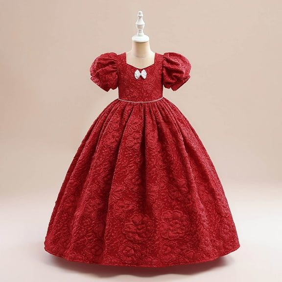 YANHAIGONG 5-12 Years Toddler Girl Dresses for Summer,Flower Girl Dress Pink Wedding Party Bridesmaid,Toddler Girls Puff Sleeve Flower Bow Ruffles Birthday Party Gown Long Dresses