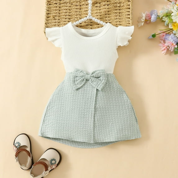 YANHAIGONG Baby Girl Dress Outfits,Summer 2pc Newborn Girls Cotton Dress Floral Baby Girl Summer Clothes Infant Outfits,Casual Short Sleeve Top with Knot Bow Short Skirt