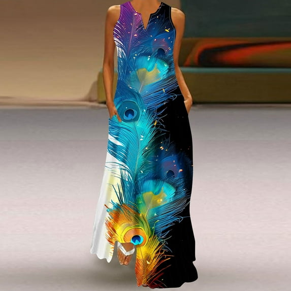 YANHAIGONG Boho Dresses for Women 2024, Sunmmer Floral Maxi Dress V Neck Sleeveless Vintage Gradient Tie Dyeing Ruffle Flowy Beach Dress with Pocket ,Casual Flowy Maxi Beach Dresses