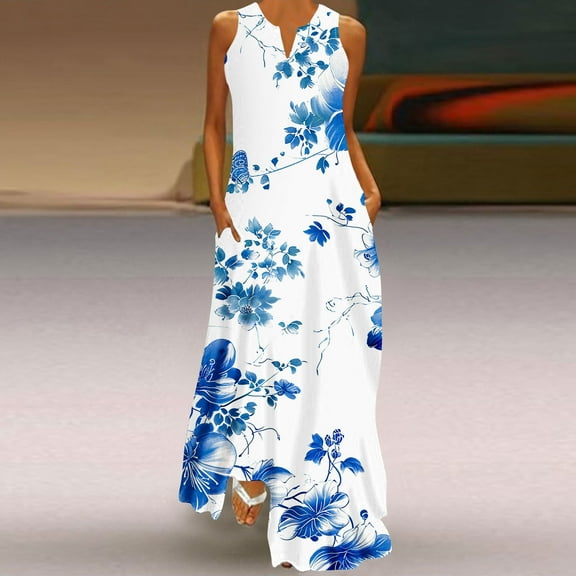 YANHAIGONG Boho Dresses for Women 2025, Sunmmer Floral Maxi Dress V Neck Sleeveless Vintage Ruffle Flowy Beach Dress with Pocket ,Casual Flowy Maxi Beach Dresses