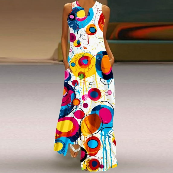 YANHAIGONG Boho Dresses for Women 2024, Sunmmer Floral Maxi Dress V Neck Sleeveless Vintage Ruffle Flowy Beach Dress with Pocket ,Casual Flowy Maxi Beach Dresses