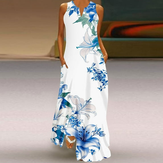 YANHAIGONG Boho Dresses for Women 2024, Sunmmer Floral Maxi Dress V Neck Sleeveless Vintage Ruffle Flowy Beach Dress with Pocket ,Casual Flowy Maxi Beach Dresses