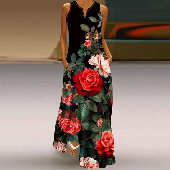 YANHAIGONG Boho Dresses for Women 2025, Sunmmer Floral Maxi Dress V Neck Sleeveless Vintage Ruffle Flowy Beach Dress with Pocket ,Casual Flowy Maxi Beach Dresses