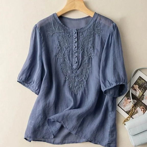 YANHAIGONG Boho Embroidered Tops for Women Plus Size Summer Flora Tops Round Neck Short Sleeve Tunic Tops for Women Cotton Blouses Boho Loose Fit Tunic Tshirts
