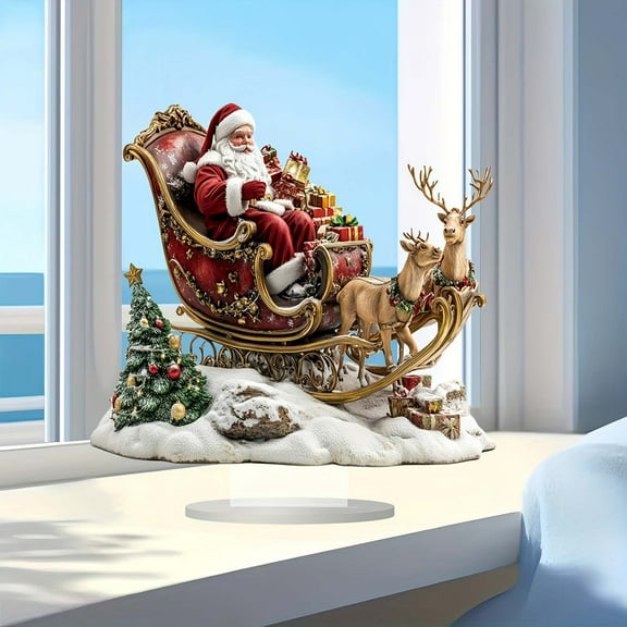 YANHAIGONG Christmas Reindeer Decorations Indoor,Small Tabletop Christmas Decorations,Santa Claus and Reindeer Sleigh Acrylic Sign with Stand Inspirational Desktop Display Sign Home Decoration