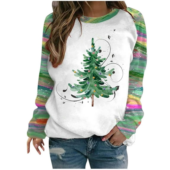 YANHAIGONG Christmas Tree Sweatshirts for Women Long Sleeve Crewneck Sweatshirts Pullover Christmas Tree Tops and Fresh Greens Tie Dyed Raglan Sleeve Top Christmas Sweatshirts for Women Plus Sizes