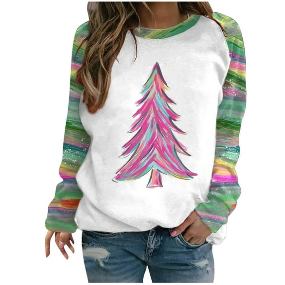 YANHAIGONG Christmas Tree Sweatshirts for Women Long Sleeve Crewneck Sweatshirts Pullover Christmas Tree Tops and Fresh Greens Tie Dyed Raglan Sleeve Top Christmas Sweatshirts for Women Plus Sizes