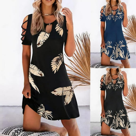 YANHAIGONG Cold Shoulder Dresses for Women Plus Size,Plus Size Beach Dresses for Women Casual Summer Sleeveless Floral Printed Tank Dress, Hollow Out V-Neck Loose Beach Short Mini Sundress