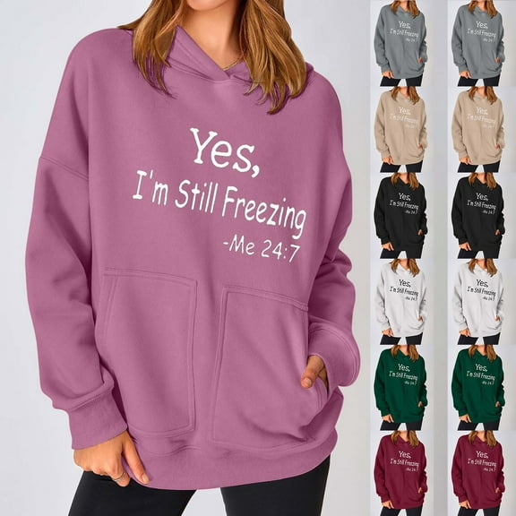 YANHAIGONG Double Pocket Oversized Sweatshirts for Women Loose Fit Long Sleeve Crewneck Sweatshirt Funny Letter Print Pullover Winter Warm Tops Christmas