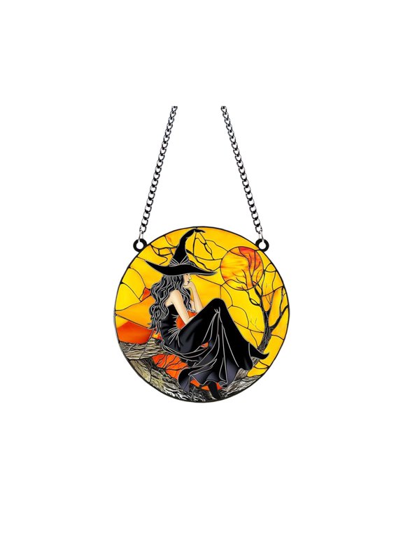 Enchanting Witch Wall Art Hanging Ornament, Halloween Decoration Indoor Outdoor Acrylic Witch Window Garden Girl Pendant with Metal Chain Attachment, Decorative Hanging for Bag Keychain