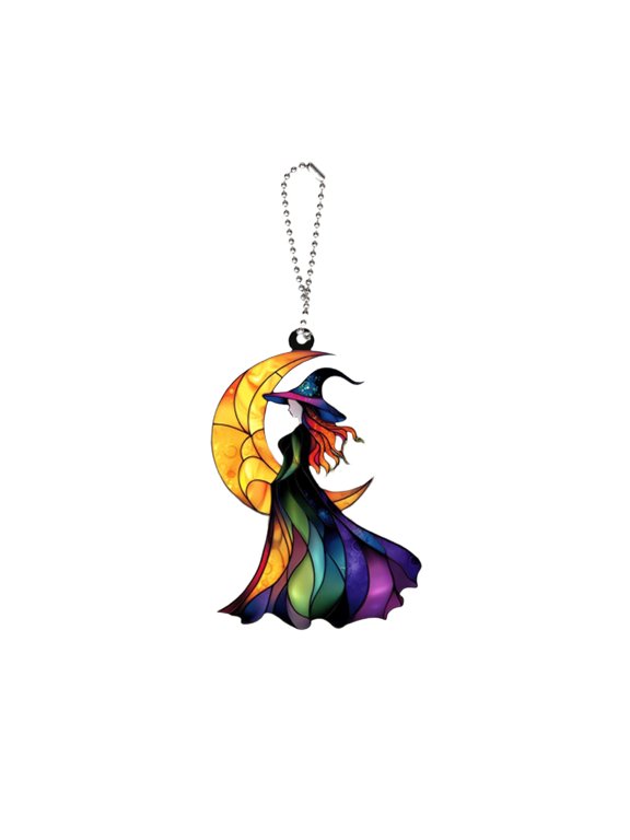 Enchanting Witch Wall Art Hanging Ornament, Halloween Decoration Indoor Outdoor Acrylic Witch Window Garden Girl Pendant with Metal Chain Attachment, Decorative Hanging for Bag Keychain