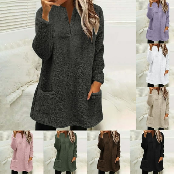 YANHAIGONG Fleece Loungewear Women Fuzzy Plush Sweatshirt Casual Loose Fit Pullover Oversized Hoodie with Pockets Winter Plush Sweatshirt for Women