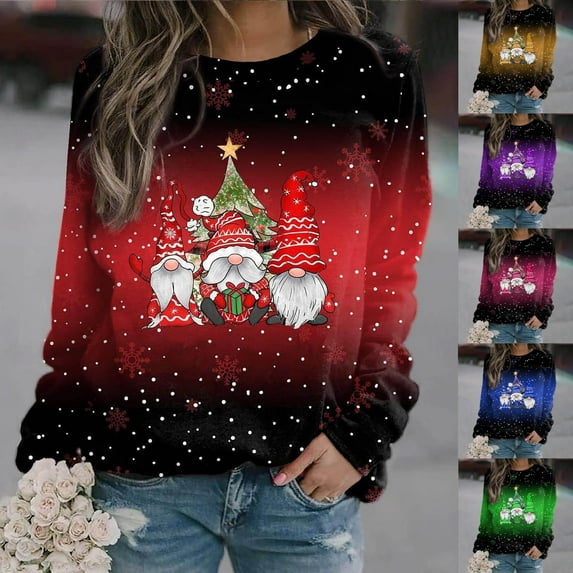 YANHAIGONG Funny Dwarf Christmas Tops for Women Long Sleeve Crewneck Sweatshirts Oversized Sweatshirts for Women Loose Fit Pullover Tops