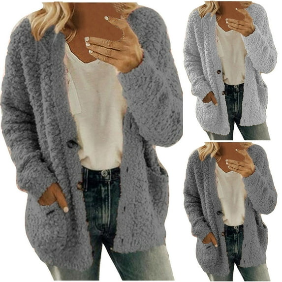 YANHAIGONG Fuzzy Sherpa Cardigan Women Plus Size Super Soft Comfy Plush Reversible Casual Winter Blanket Jackets with Pocket