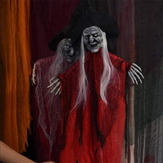 YANHAIGONG Halloween Hanging Skeleton Ghosts,Halloween Hanging Flying Witch Animatronic Red,Halloween Grim Reapers,Flying Ghosts for Haunted House Prop Décor,Indoor/Outdoor Halloween Decorations