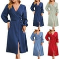 thumbnail image 1 of YANHAIGONG Long Sleeve Satin Dress for Women 2025, Shirt Dresses for Women Plus Size Spring Casual Solid Wrap V Neck Sexy Tie Waisted Slit Midi Dress for Wedding Party, 1 of 5