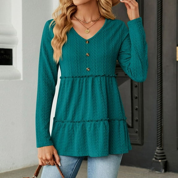 YANHAIGONG Long Sleeve Workout Tops for Women Women's Fashion Solid Color V Neck Pleated Long Sleeve Loose T-shirt Top Fall Clothes for Women