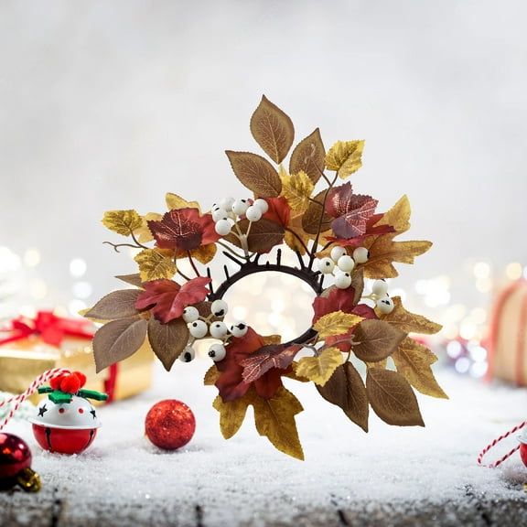 YANHAIGONG Mini Fall Candle Wreath Ring,Halloween Artificial Maple Leaves Wreaths,Candle Rings Wreaths,Small Boho Wreath Pillar Candle Holder for Wedding Home Door Tabletop Decoration