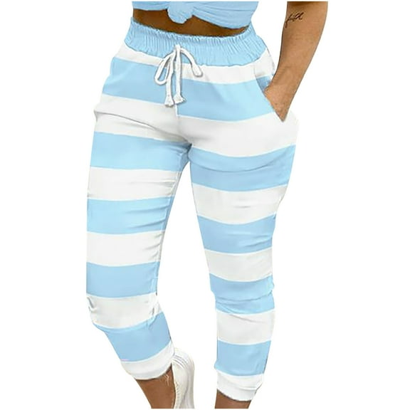 YANHAIGONG Pants For Women Women Fashion Stripe Tie-Dye Printing Elasticity Drawstring Lacing Pokets Splicing Casual Pants Trousers
