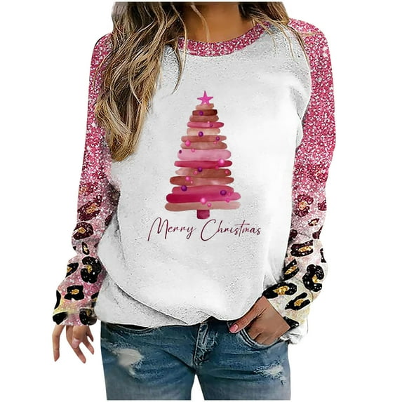 YANHAIGONG Pink Christmas Tree Sweatshirts for Women Long Sleeve Crewneck Sweatshirts Pullover Leopard Tie Dyed Raglan Sleeve Top Christmas Sweatshirts for Women Plus Sizes