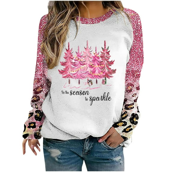 YANHAIGONG Pink Christmas Tree Sweatshirts for Women Long Sleeve Crewneck Sweatshirts Pullover Leopard Tie Dyed Raglan Sleeve Top Christmas Sweatshirts for Women Plus Sizes