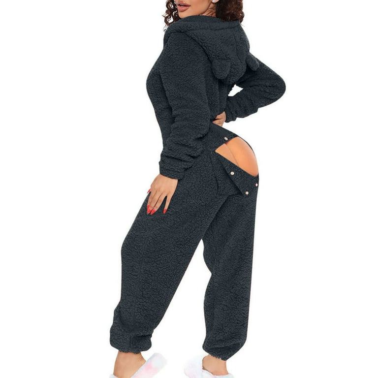 YANHAIGONG Sexy Fleece Onesies for Women Cute Sherpa Fleece Jumpsuit Hoodie  Long Sleeve Pajamas One Piece Bodysuits Outfits Sleepwear Loungewear Adult