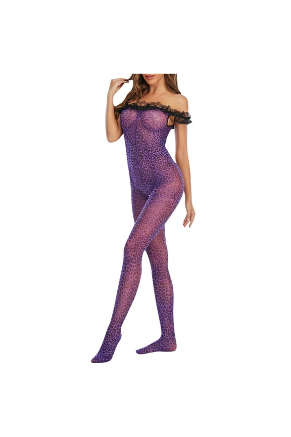 Sexy Stockings For Women Women Sexy Purple Leopard Print Bodysuit Stockings Open File Sexy Lingerie Compression Stockings For Women