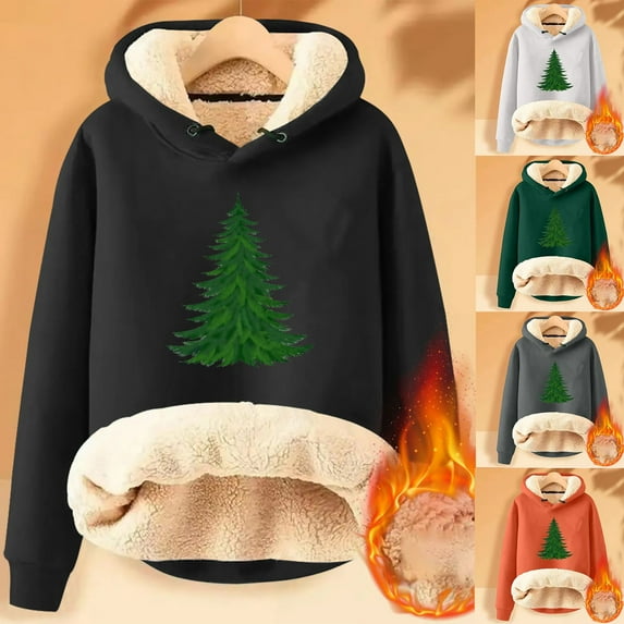 YANHAIGONG Sherpa Lined Sweatshirts for Women Hooded Christmas Tree Sweatshirts for Women Fleece Hoodies Winter Thickened Insulation Causal Loose Fit Pullover Outerwear