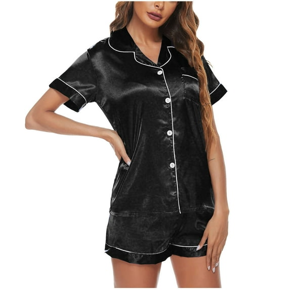 YANHAIGONG Silk Pajamas Sets for Women Plus Size On Sale Fashion Deals Home Wear Pajamas 2 Piece Pjs Shorts Set Satin Bridesmaid Pajamas Women Two-Piece Suit Short Sleeve Pajama Set Homewear