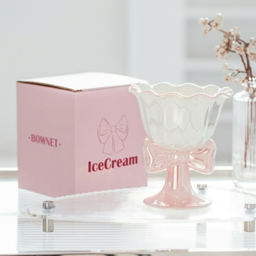 YANHAIGONG Small Cute Footed Tulip Glass Dessert Bowls/Cups,Ceramic Coffee Mug,Creative Cute Mugs and Cups with Flower Shape,Unique Cup Bowknot Handle for Latte Cappuccino Espresso Milk and Tea
