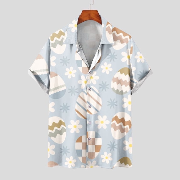 YANHAIGONG Spring Savings!Easter Shirts for Men Button Down,Easter Shirts for Men Funny Egg Flower Print Turndown Collar Short Sleeve Blouse Tops,Summer Shirts for Men